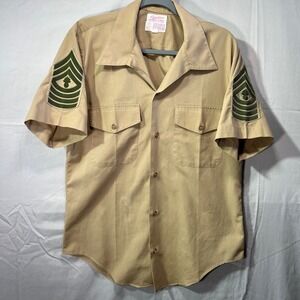 Vintage Creighton USMC Khaki Uniform Shirt M 15-15.5 Short Sleeve Chevrons